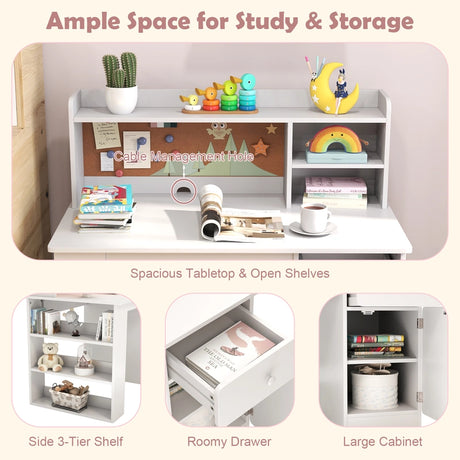 Kids Desk and Chair Set with Chair Hutch and 3-Layer Side Shelf-White