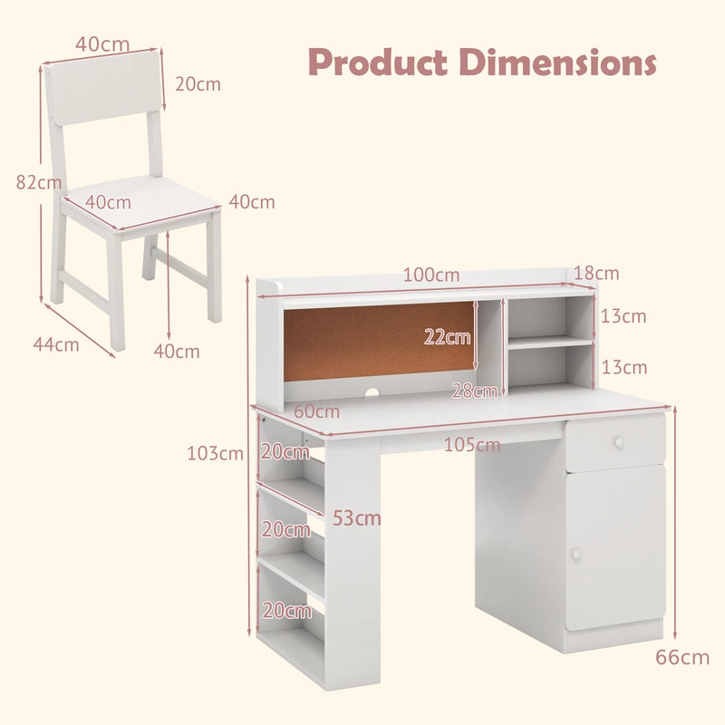 Kids Desk and Chair Set with Chair Hutch and 3-Layer Side Shelf-White