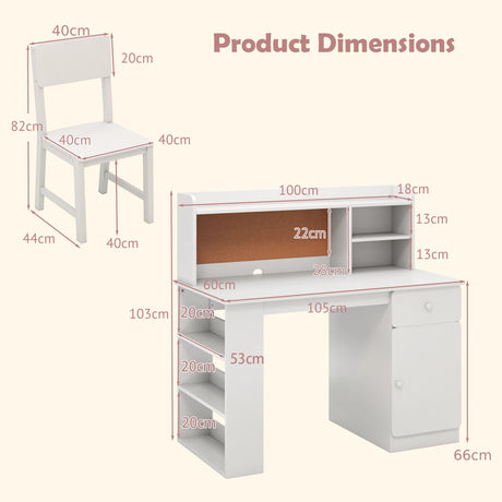 Kids Desk and Chair Set with Chair Hutch and 3-Layer Side Shelf-White