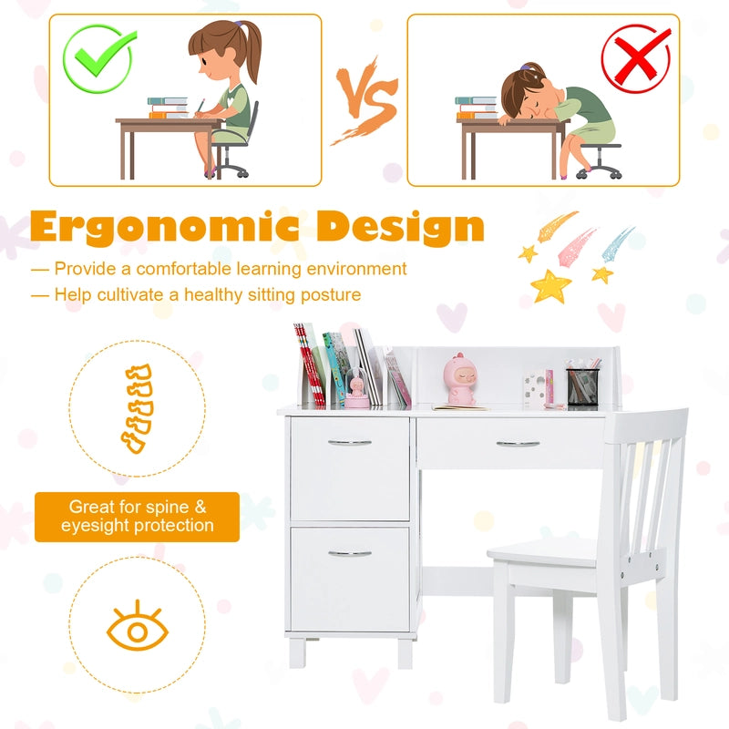 Kids Learning Desk &amp; Chair Set  for Bedroom &amp; Study Room-White