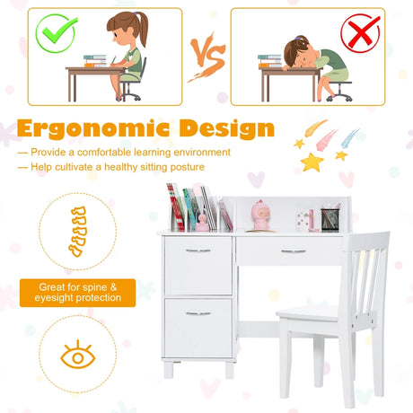 Kids Learning Desk &amp; Chair Set  for Bedroom &amp; Study Room-White