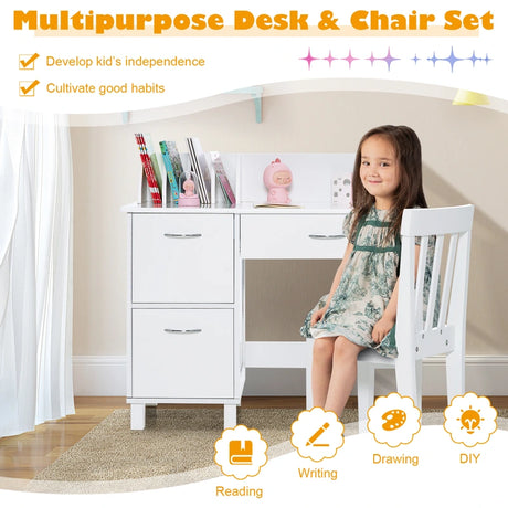 Kids Learning Desk &amp; Chair Set  for Bedroom &amp; Study Room-White