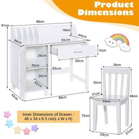 Kids Learning Desk &amp; Chair Set  for Bedroom &amp; Study Room-White
