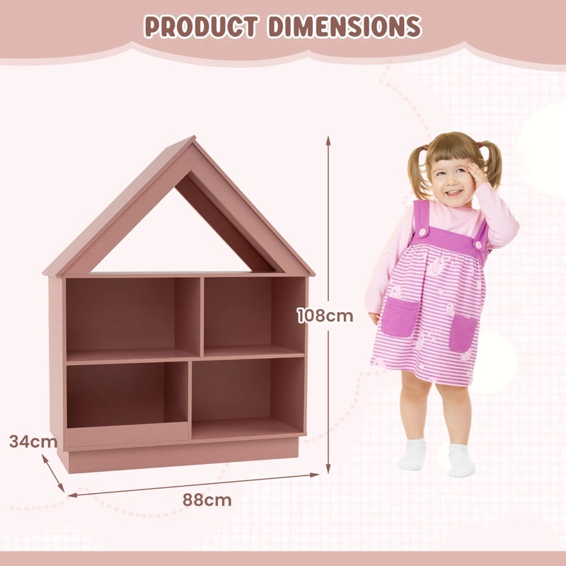 Kids Dollhouse Bookshelf with Anti-toppling Devices and 3-Tier Open Display Shelf for Toddlers-Pink