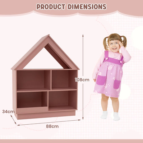 Kids Dollhouse Bookshelf with Anti-toppling Devices and 3-Tier Open Display Shelf for Toddlers-Pink