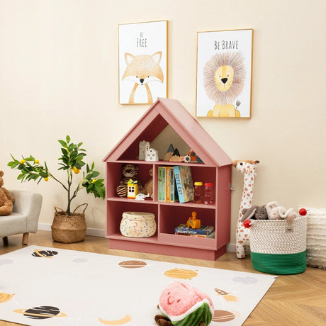Kids Dollhouse Bookshelf with Anti-toppling Devices and 3-Tier Open Display Shelf for Toddlers-Pink