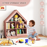 Kids Dollhouse Bookshelf with Anti-toppling Devices and 3-Tier Open Display Shelf for Toddlers-Pink