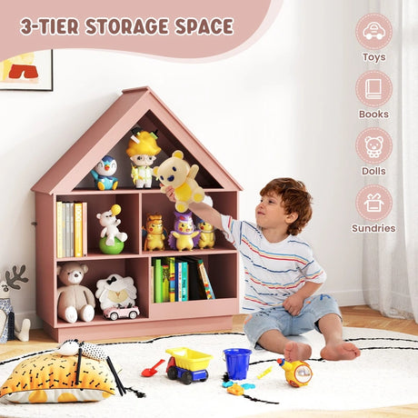 Kids Dollhouse Bookshelf with Anti-toppling Devices and 3-Tier Open Display Shelf for Toddlers-Pink