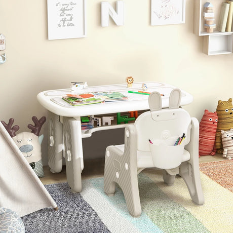 Kids Table and Chair Set with Flip-Top Bookshelf-Gray
