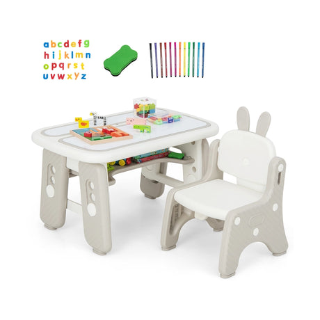 Kids Table and Chair Set with Flip-Top Bookshelf-Gray