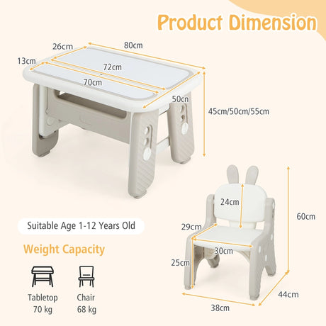 Kids Table and Chair Set with Flip-Top Bookshelf-Gray