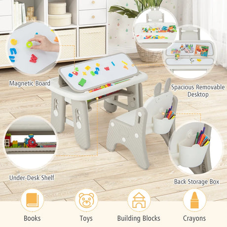 Kids Table and Chair Set with Flip-Top Bookshelf-Gray