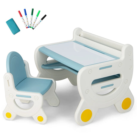 Children&#39;s seating group with height and tilt-adjustable table top, drawing table, blue