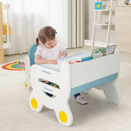 Children&#39;s seating group with height and tilt-adjustable table top, drawing table, blue