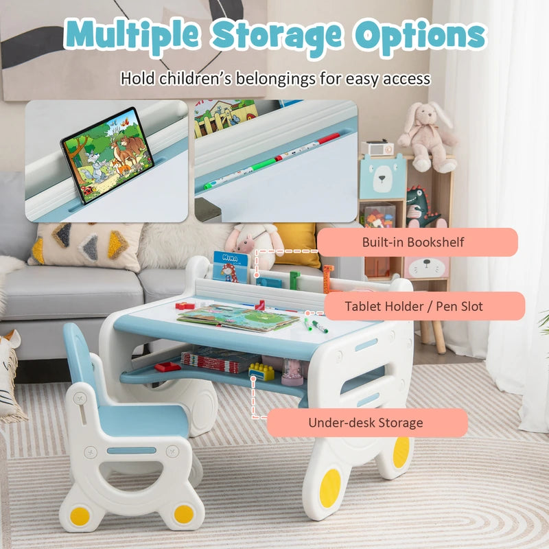 Children&#39;s seating group with height and tilt-adjustable table top, drawing table, blue