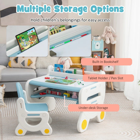 Children&#39;s seating group with height and tilt-adjustable table top, drawing table, blue