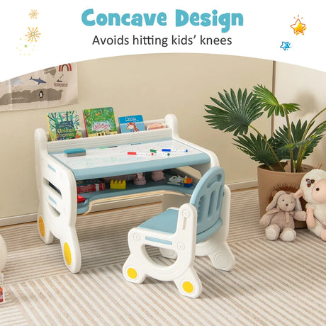 Children&#39;s seating group with height and tilt-adjustable table top, drawing table, blue