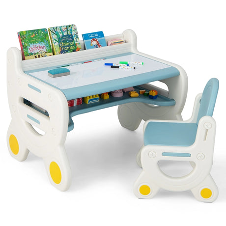 Children&#39;s seating group with height and tilt-adjustable table top, drawing table, blue