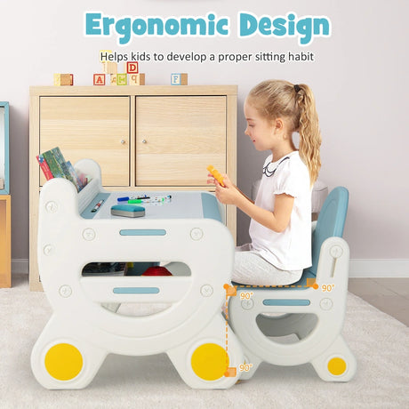 Children&#39;s seating group with height and tilt-adjustable table top, drawing table, blue