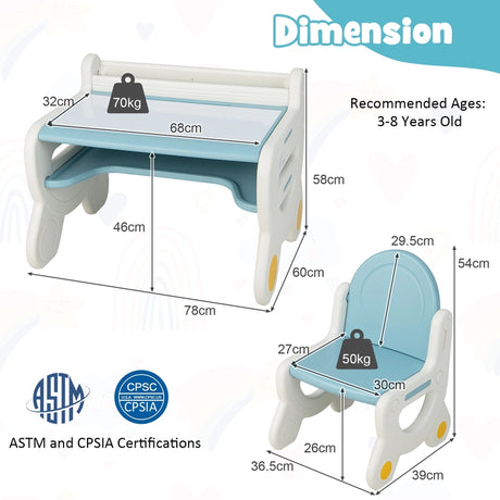 Children&#39;s seating group with height and tilt-adjustable table top, drawing table, blue