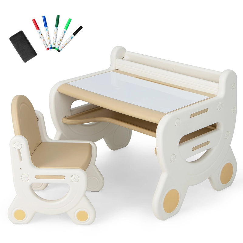 Children&#39;s seating group with height and tilt-adjustable table top, drawing table, brown