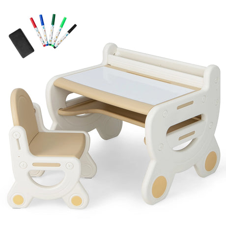 Children&#39;s seating group with height and tilt-adjustable table top, drawing table, brown