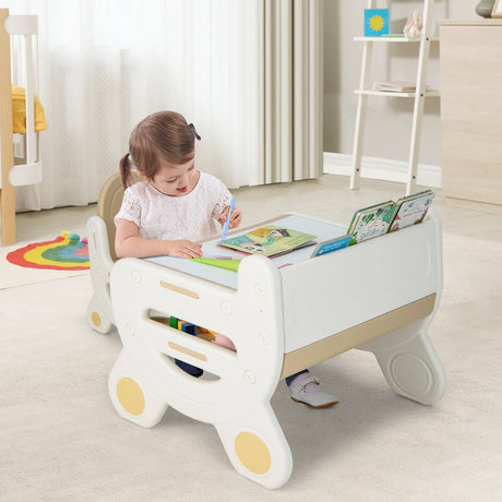 Children&#39;s seating group with height and tilt-adjustable table top, drawing table, brown