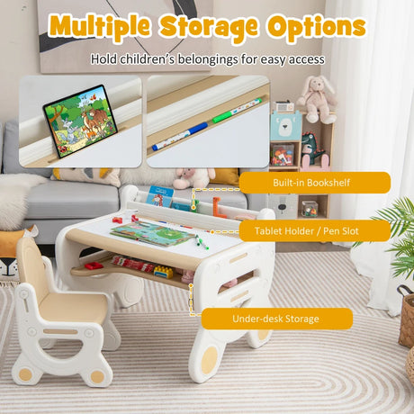 Children&#39;s seating group with height and tilt-adjustable table top, drawing table, brown