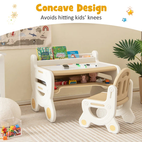 Children&#39;s seating group with height and tilt-adjustable table top, drawing table, brown