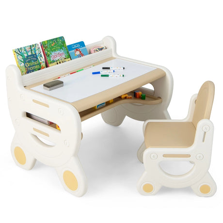 Children&#39;s seating group with height and tilt-adjustable table top, drawing table, brown