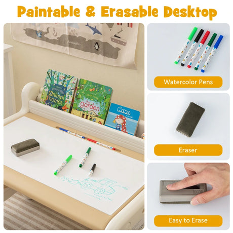 Children&#39;s seating group with height and tilt-adjustable table top, drawing table, brown