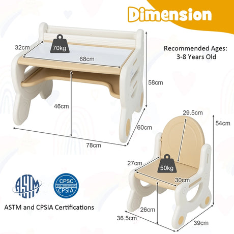 Children&#39;s seating group with height and tilt-adjustable table top, drawing table, brown