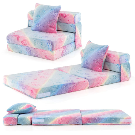 Kids Glow in the Dark Folding Sofa Bed Floor Mattress with Throw Pillow and Cover-Multicolor