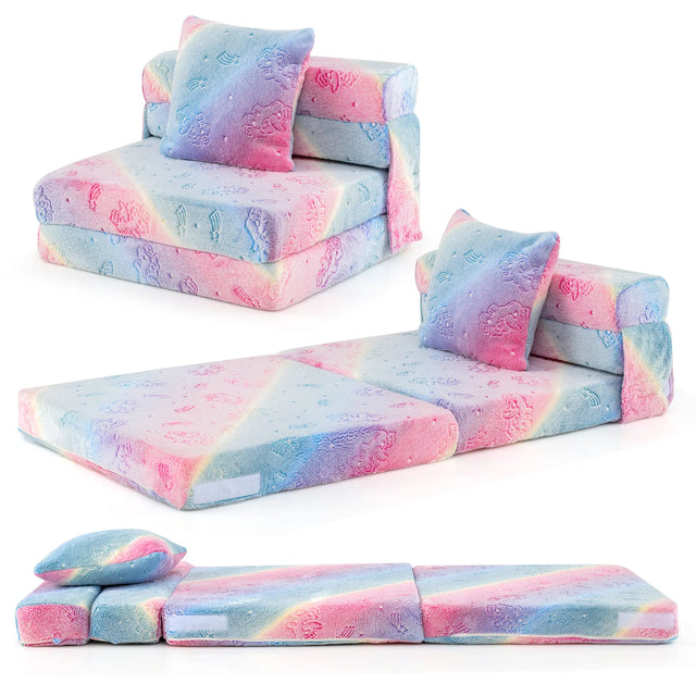 Kids Glow in the Dark Folding Sofa Bed Floor Mattress with Throw Pillow and Cover-Multicolor