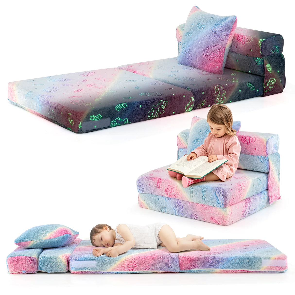 Kids Glow in the Dark Folding Sofa Bed Floor Mattress with Throw Pillow and Cover-Multicolor