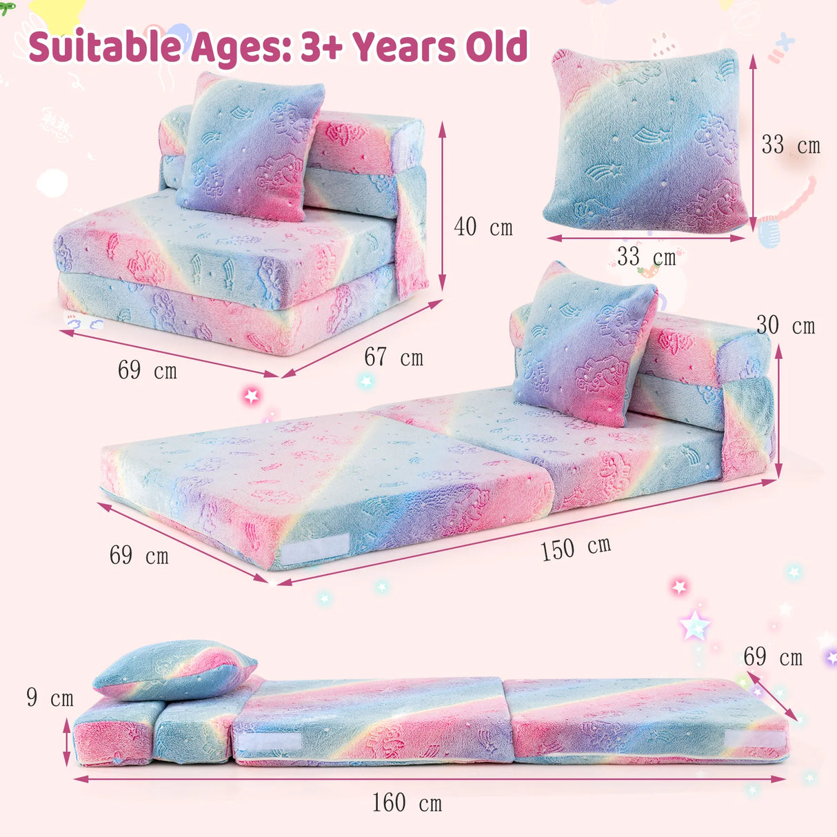 Kids Glow in the Dark Folding Sofa Bed Floor Mattress with Throw Pillow and Cover-Multicolor