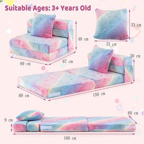Kids Glow in the Dark Folding Sofa Bed Floor Mattress with Throw Pillow and Cover-Multicolor