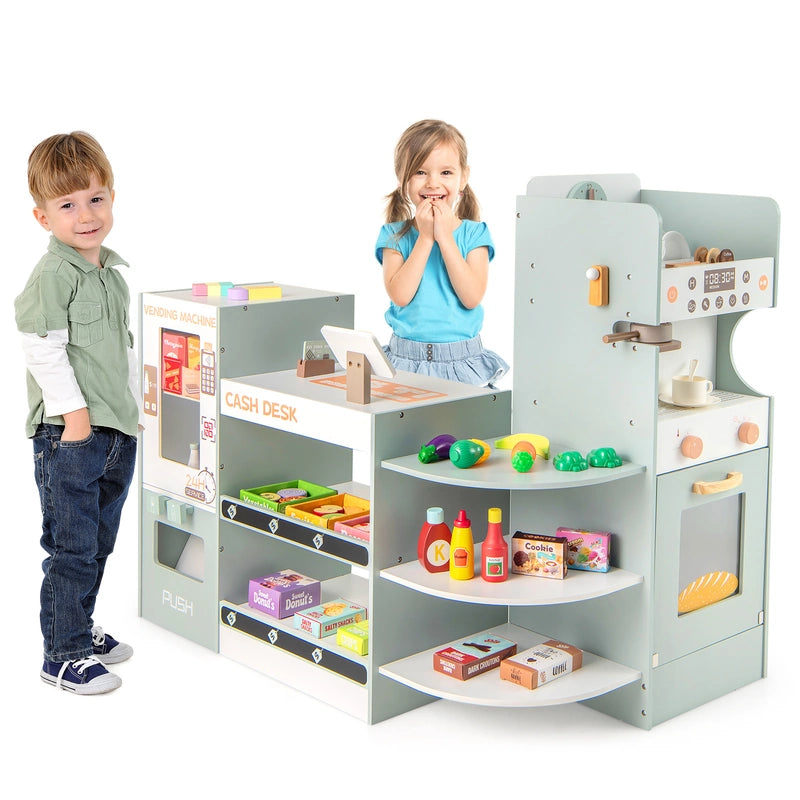 Kids Grocery Store Playset Wooden Pretend Play Supermarket-Grey