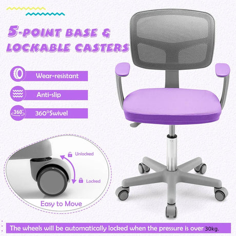 Children&#39;s desk chair, 360 rotatable, youth chair, 80-91.5 cm, height-adjustable, 54 x 50 x 80-91.5 cm, purple