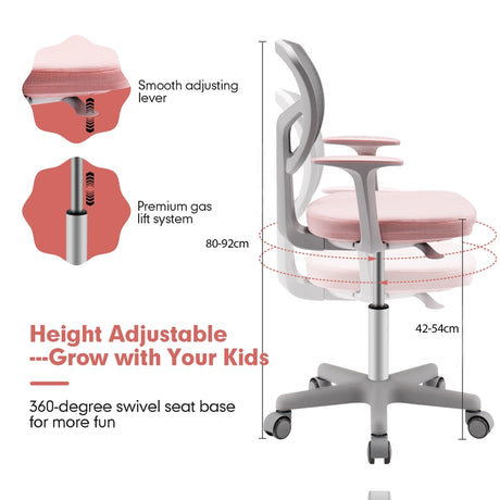 Children&#39;s Computer Chair with Adjustable Height &amp; Self-Locking Wheels for 3-10 yrs. Children Pink