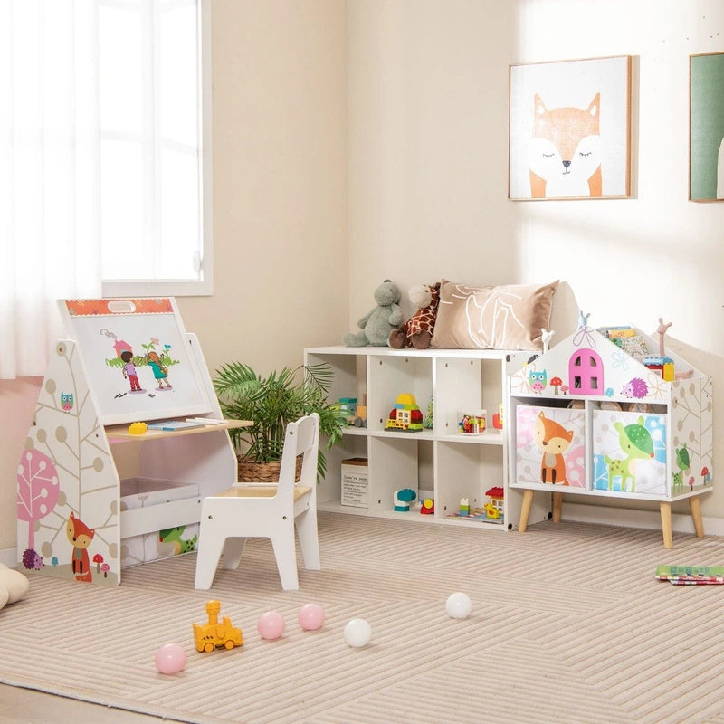 Kids House-shaped Bookshelf with 2 Storage Bins for Kids Room Playroom-White