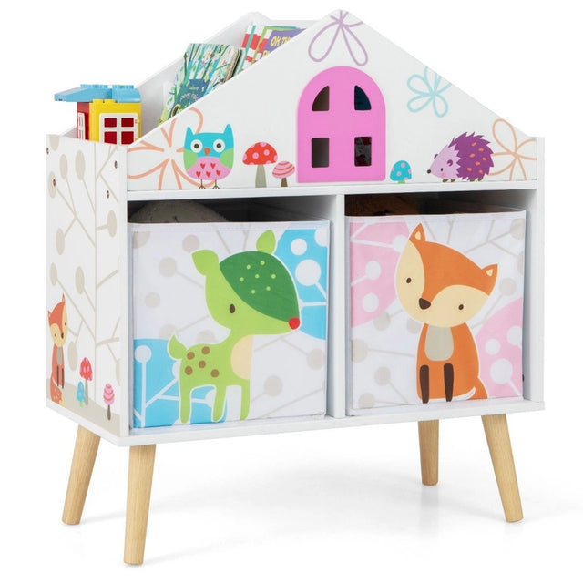 Kids House-shaped Bookshelf with 2 Storage Bins for Kids Room Playroom-White