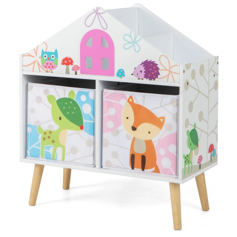 Kids House-shaped Bookshelf with 2 Storage Bins for Kids Room Playroom-White