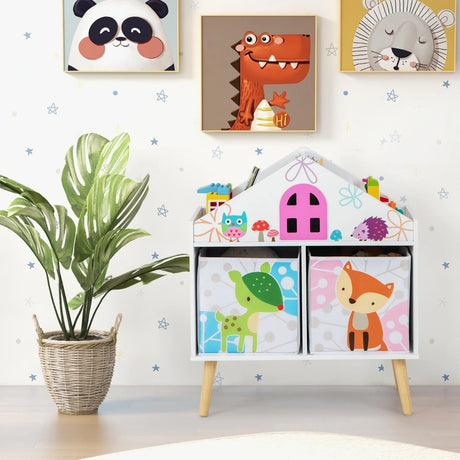 Kids House-shaped Bookshelf with 2 Storage Bins for Kids Room Playroom-White