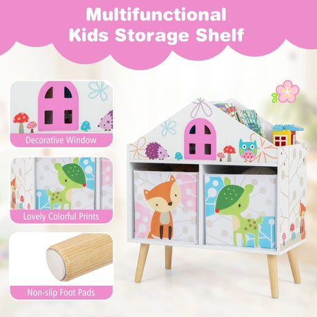 Kids House-shaped Bookshelf with 2 Storage Bins for Kids Room Playroom-White