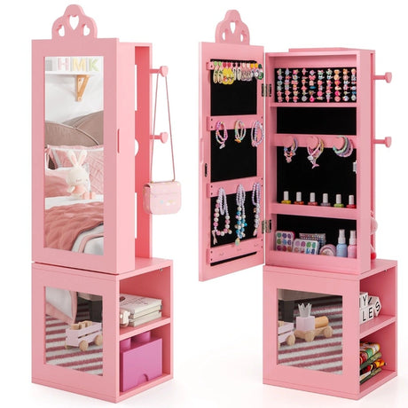 3-in-1 Freestanding Kids Jewelry Cabinet Armoire with Full Length Mirror-Pink