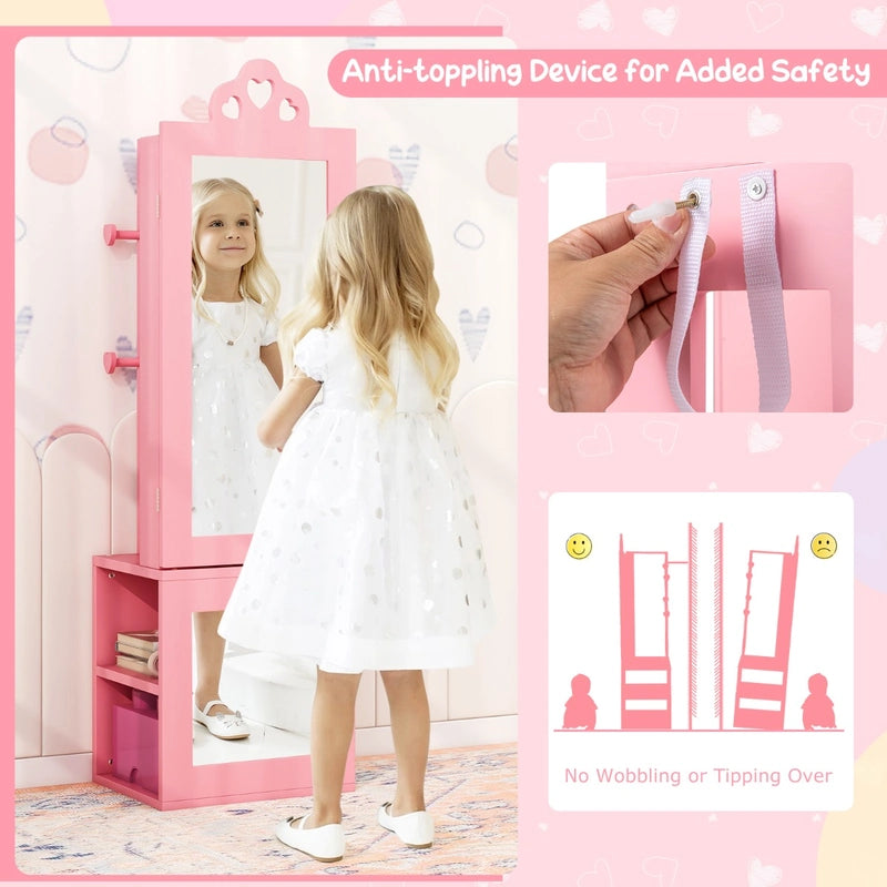 3-in-1 Freestanding Kids Jewelry Cabinet Armoire with Full Length Mirror-Pink