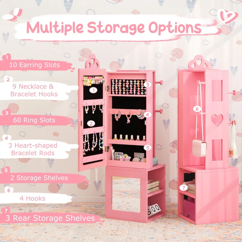 3-in-1 Freestanding Kids Jewelry Cabinet Armoire with Full Length Mirror-Pink