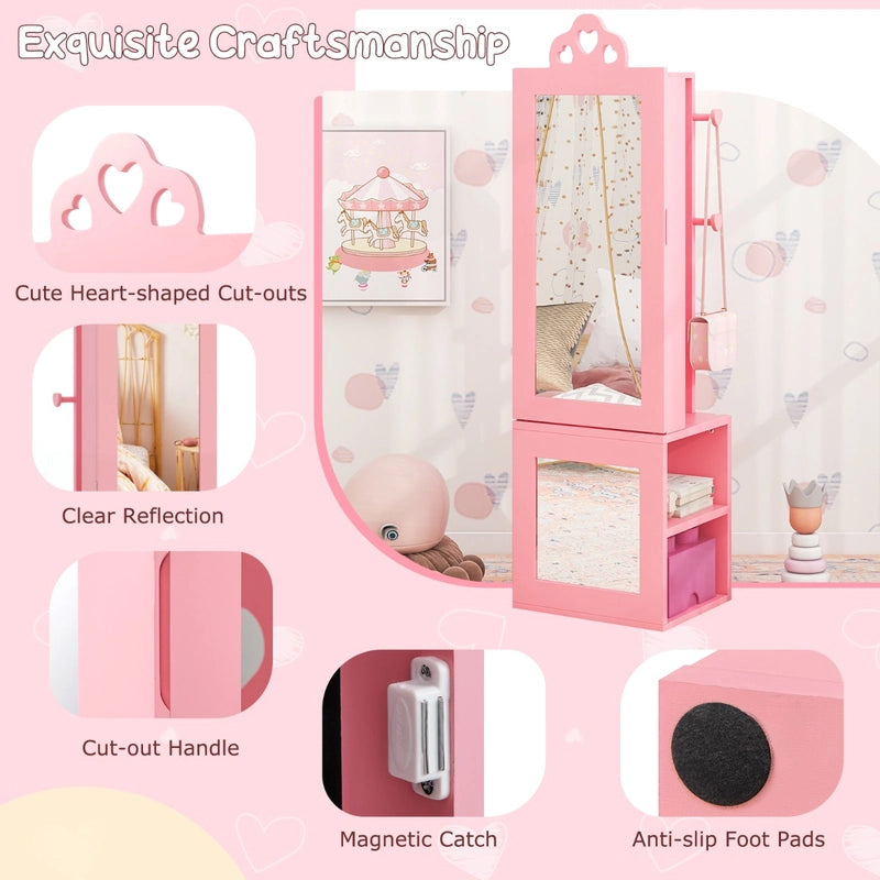 3-in-1 Freestanding Kids Jewelry Cabinet Armoire with Full Length Mirror-Pink