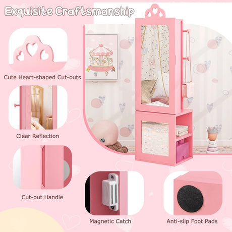 3-in-1 Freestanding Kids Jewelry Cabinet Armoire with Full Length Mirror-Pink